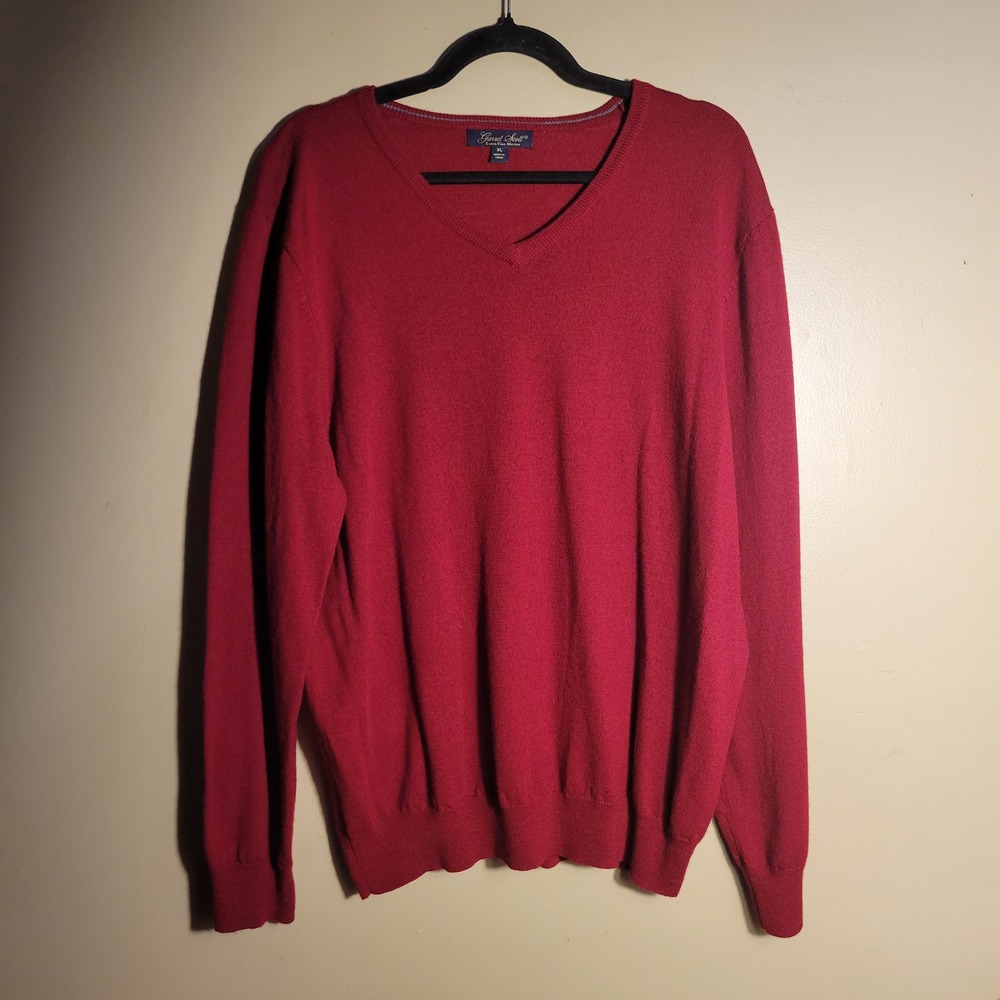 Garret Scott Mens XL Extra Fine Merino Wool V-Neck Sweater Burgundy‎ Red Knit